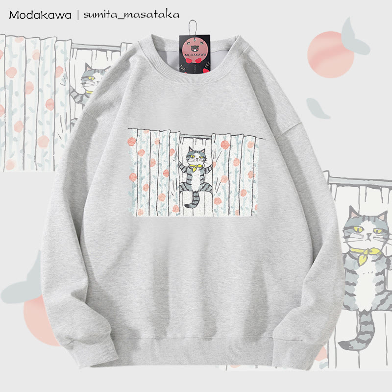 MODAKAWA X sumita_masataka Vorhang Klettern Katze Grafik Unisex Sweatshirt - Grey - 5XL - image 3