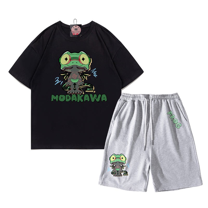 Lustiges T-Shirt mit Frosch-Grafik und dunkler Ästhetik, zweiteiliges Set - Schwarz&Grau - A - 5XL - image 16