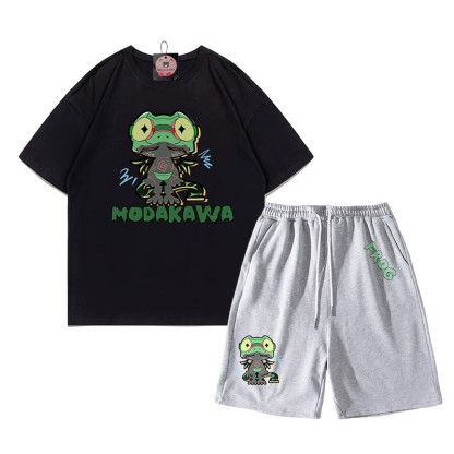 Lustiges T-Shirt mit Frosch-Grafik und dunkler Ästhetik, zweiteiliges Set - Schwarz&Grau - A - 5XL - image 16