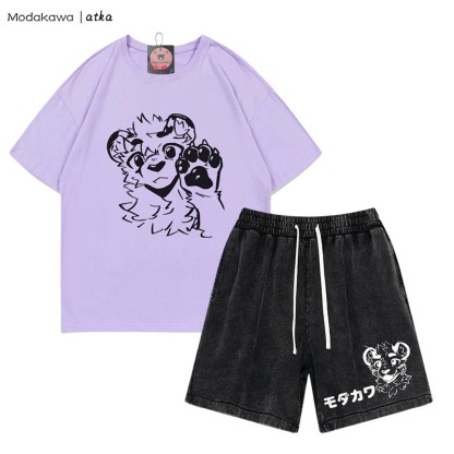 MODAKAWA X atka T-Shirt mit Tiger-Print, Vintage-Shorts, zweiteiliges Set - Purple&Black - 3XL - image 8
