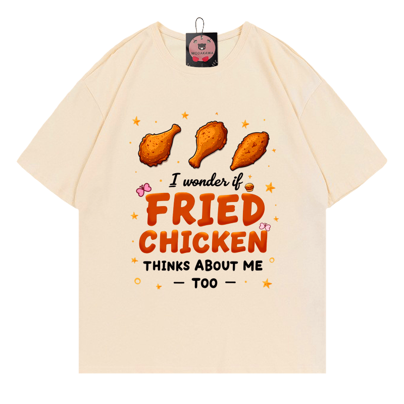 Ich frage mich, ob gebratenes Hähnchen auch an mich denkt – Modakawa T-Shirt mit Hähnchenschenkel-Print - Apricot - 5XL - image 3