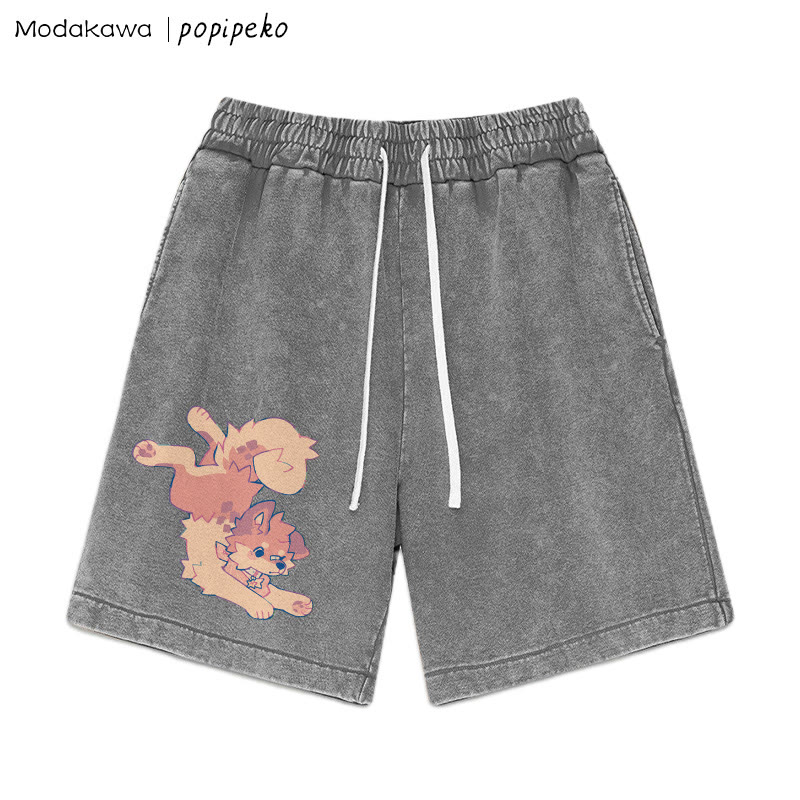 MODAKAWA X popipeko – Shorts im Vintage-Waschungsdesign mit Welpen-Print - Grey - 3XL - image 4