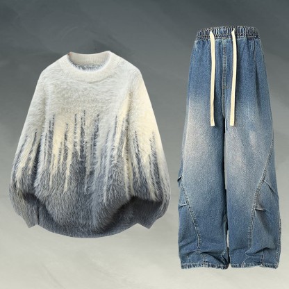 Zweiteiler aus flauschigem Strickpullover und Jeans - Set C - 2XL - image 3