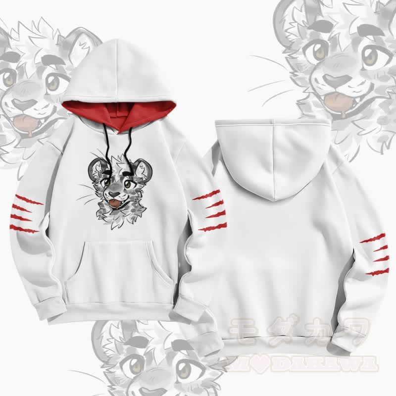 MODAKAWA X atka Pullover-Hoodie mit frechem Tigergesicht-Grafikprint - Weiß & Rot - 5XL - image 4