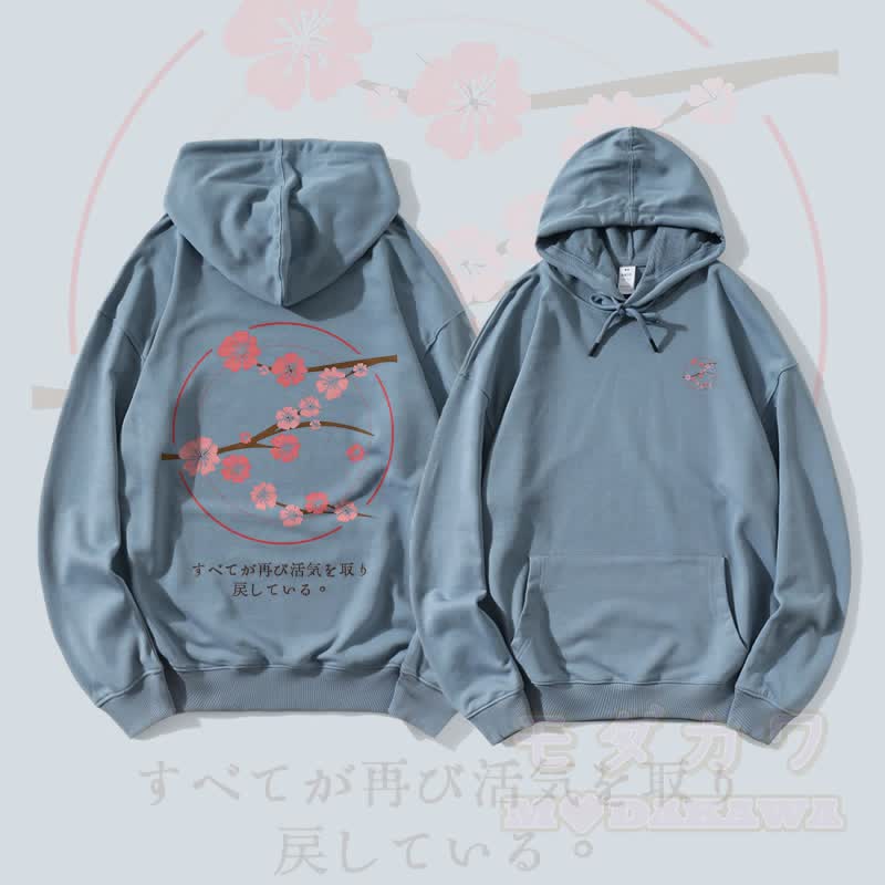 MODAKAWA Streetwear Pullover Hoodie mit Kirschblüten-Grafik - Staubiges Blau - 5XL - image 4