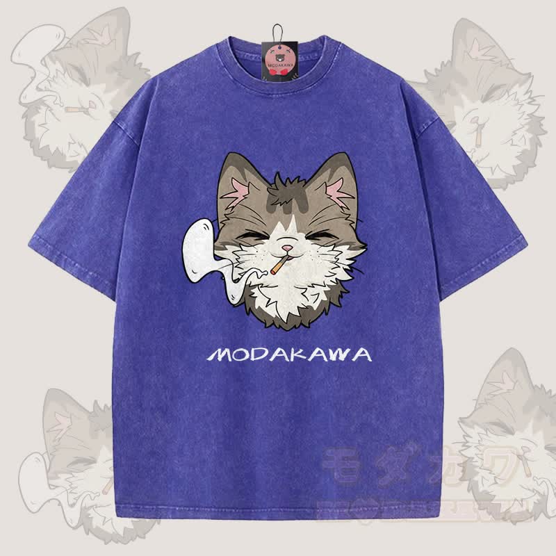 MODAKAWA Smoking Cat Grafik Unisex Vintage Washed T-Shirt - Blau - 5XL - image 3