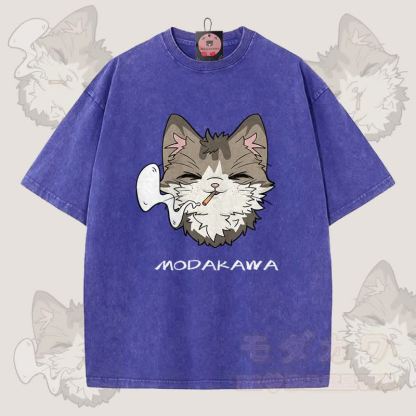 MODAKAWA Smoking Cat Grafik Unisex Vintage Washed T-Shirt - Blau - 5XL - image 3