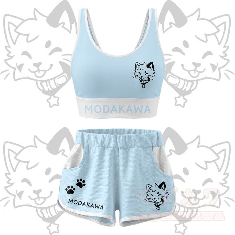 Kitty Graphic Crop Tank Sport Top Shorts Bikini Modakawa Matching Outfit - Blaues Set - 4XL - image 16