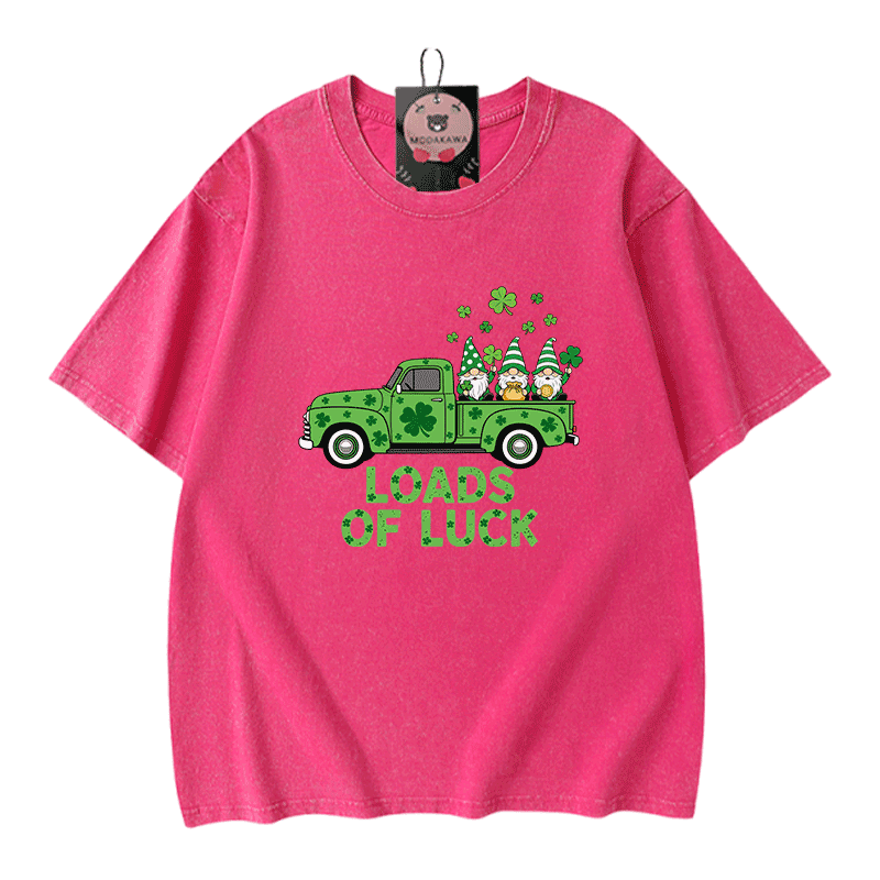 St. Pakrit's Day Lucky LOADS OF LUCK Graphic Modakawa Vintage Washed 100% Cotton T-Shirt - Rose Red - 5XL - image 5