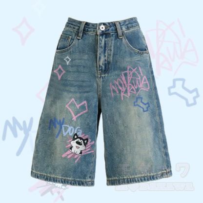 MODAKAWA Bermuda-Denim-Shorts mit Welpenmotiv und Zungenwurf - Vintage Blau - 2XL - image 4