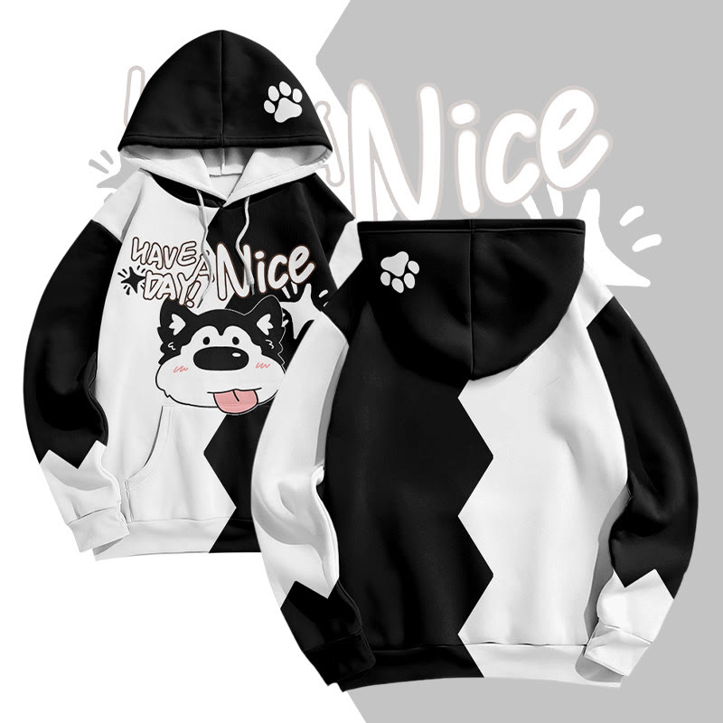MODAKAWA HAB A NICE DAY TAG Pullover-Hoodie mit herausgestreckter Zunge und Welpenmotiv (Allover-Print) - Black - 8XL - image 2