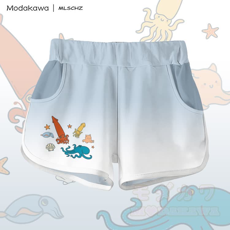 MODAKAWA X MLSCHZ Tintenfisch-Oktopus-Grafik-T-Shirt aus 100 % Baumwolle, dazu passende Shorts mit Farbverlauf - Hellgraue blaue Shorts - 5XL - image 8