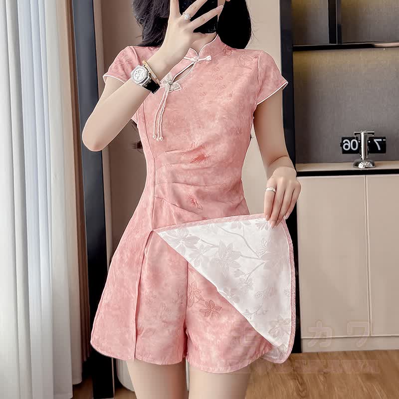 Vintage Cheongsam-Kleid mit Schnallen, zweiteiliges Set - Rosa - 2XL - image 3