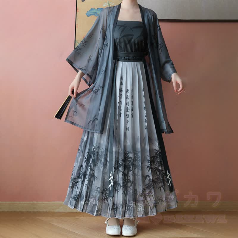 Vintage-Tintenmuster-Top, transparenter Morgenmantel, Faltenrock, passendes Outfit - Schwarzes Set - XL - image 7