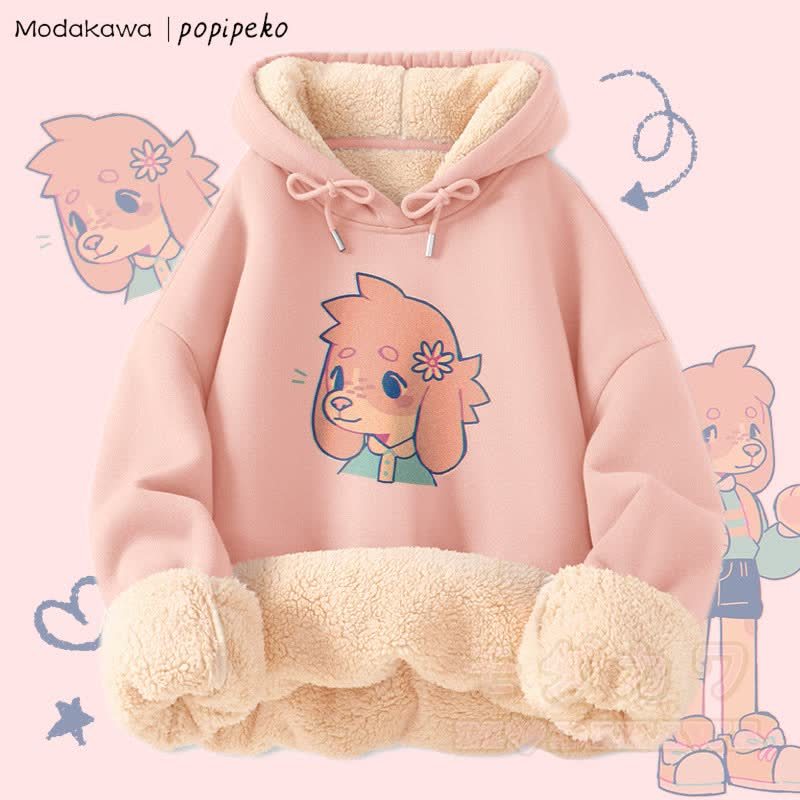 MODAKAWA X popipeko Niedlicher Welpen-Print Winterhoodie mit dickem Fleecefutter - Rosa - 2XL - image 6