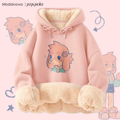 MODAKAWA X popipeko Niedlicher Welpen-Print Winterhoodie mit dickem Fleecefutter - Rosa - 2XL - image 6