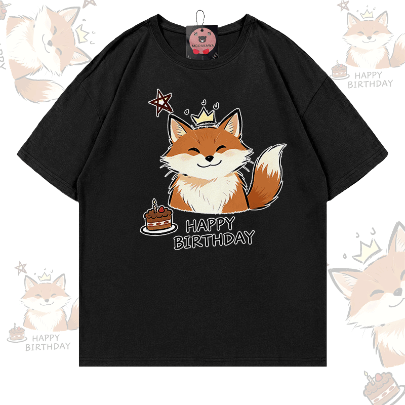 HAPPY BIRTHDAY Fox Graphic Modakawa 100% Cotton T-Shirt - Black - 5XL - image 2