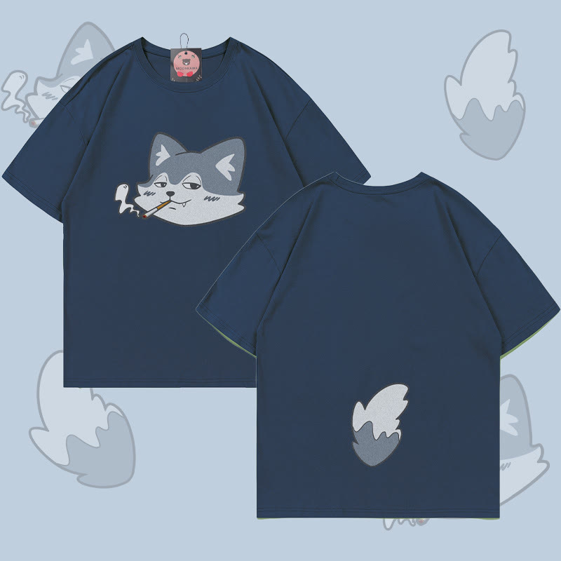 MODAKAWA T-Shirt mit Raucherwolf-Motiv (Gesicht und Schwanz) - Purplish Blue - 5XL - image 2