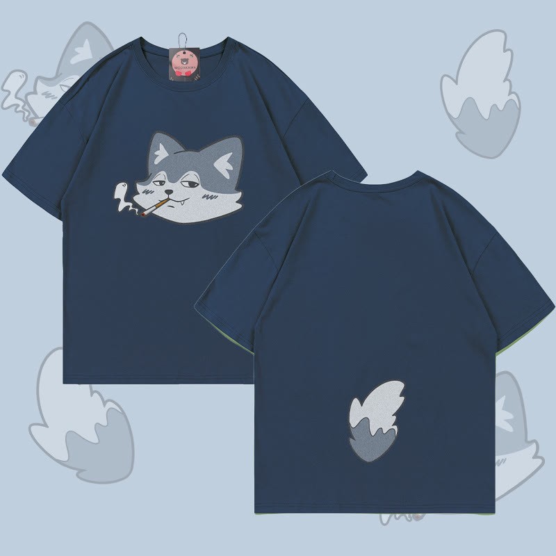 MODAKAWA T-Shirt mit Raucherwolf-Motiv (Gesicht und Schwanz) - Purplish Blue - 5XL - image 2