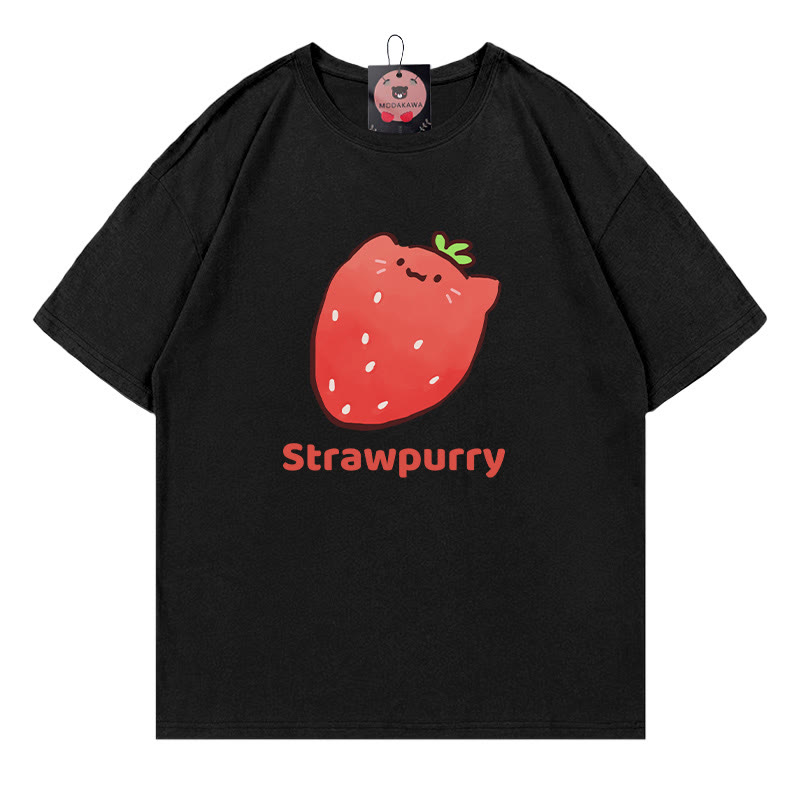 STRAWPURRY Strawberry Purr Print Modakawa T-Shirt - Black - 5XL - image 3