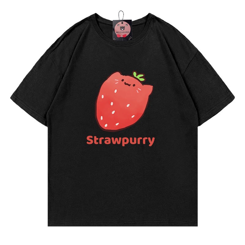 STRAWPURRY Strawberry Purr Print Modakawa T-Shirt - Black - 5XL - image 3