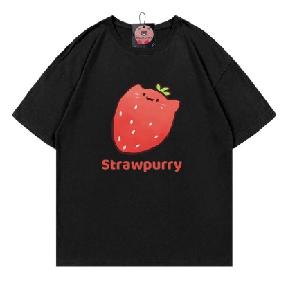 STRAWPURRY Strawberry Purr Print Modakawa T-Shirt - Black - 5XL - image 3