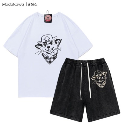 MODAKAWA X atka Cowboy Fox Winking Graphic T-Shirt Vintage Washed Shorts Zweiteiliges Set - White&Black - 3XL - image 9