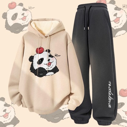 MODAKAWA Panda mit Apfel-Motiv, dick gefütterter Hoodie und Hose, zweiteiliges Set - Apricot&Dark Grey - 5XL - image 3
