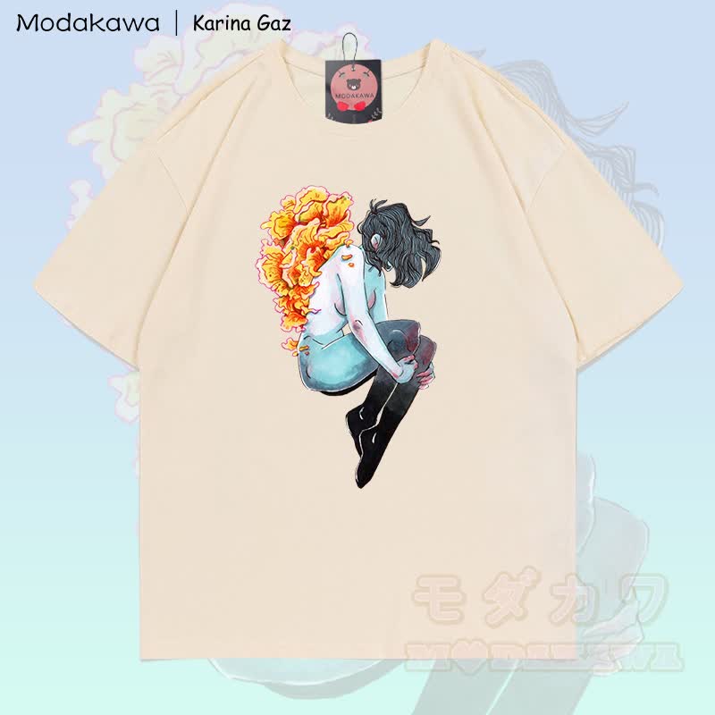 MODAKAWA X Karina Gaz Back Girl Grafik T-Shirt aus 100% Baumwolle - Aprikose - 5XL - image 5