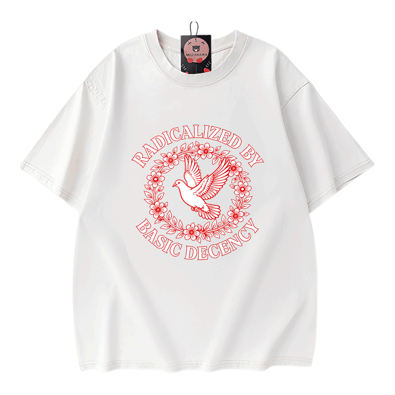 RADIKALISIERT DURCH GRUNDLEGENDE ANSTÄNDIGKEIT Taubengrafik Modakawa Vintage Washed 100% Baumwoll-T-Shirt - White - 5XL - image 4