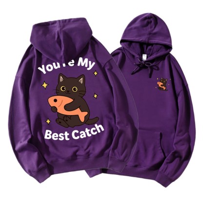 Kitty Holding Fish Graphic Paar Passender Hoodie - Dark Purple B - 5XL - image 9