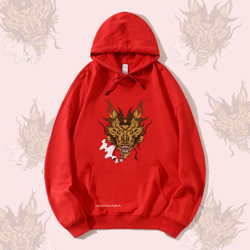 MODAKAWA Smoking Dragon Grafik Streetwear Pullover Hoodie - Red - 5XL - image 3