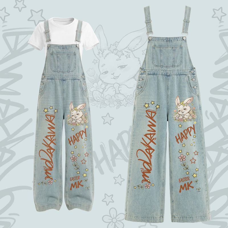 HAPPY Bunny Grafik-T-Shirt mit U-Ausschnitt, Cargo-Latzhose Modakawa Zweiteiler-Set - Set B - XL - image 2