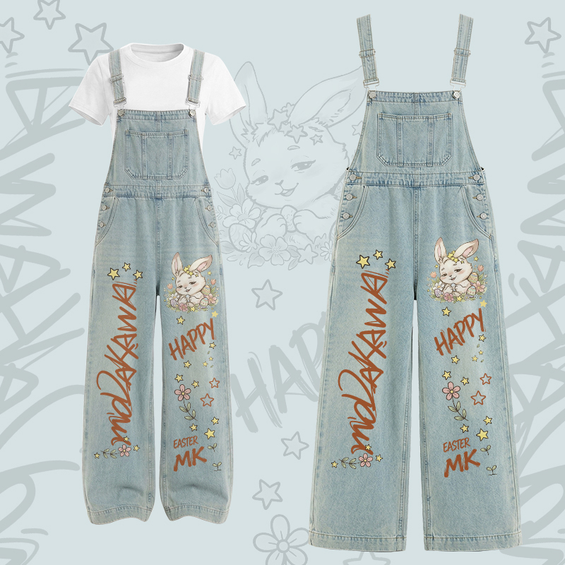 HAPPY Bunny Grafik-T-Shirt mit U-Ausschnitt, Cargo-Latzhose Modakawa Zweiteiler-Set - Set B - XL - image 2