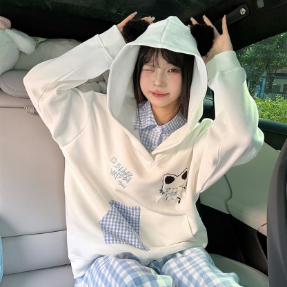 Gefälschte zweiteilige Kapuzenjacke mit Katzenohren und Karomuster - image 4