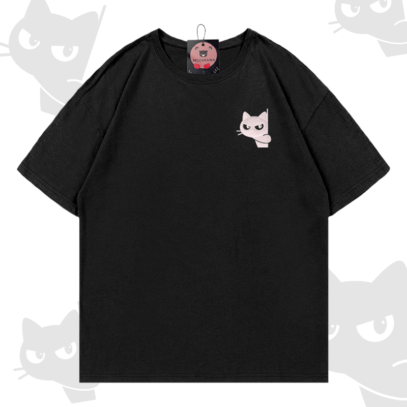 Modakawa-Baumwoll-T-Shirt mit Katzenstickerei - Black - 5XL - image 6