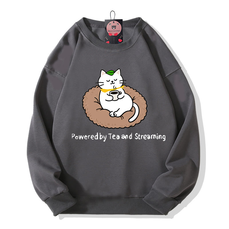 POWERED BY TEA AND STREAMING Kitty Graphic Round Collar Sweatshirt - Dark Grey - 5XL - image 3