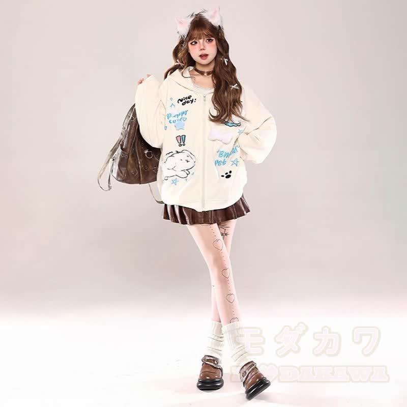 Kawaii Welpenstickerei, lockerer Kapuzenpullover mit Reißverschluss, lockere Passform - image 6