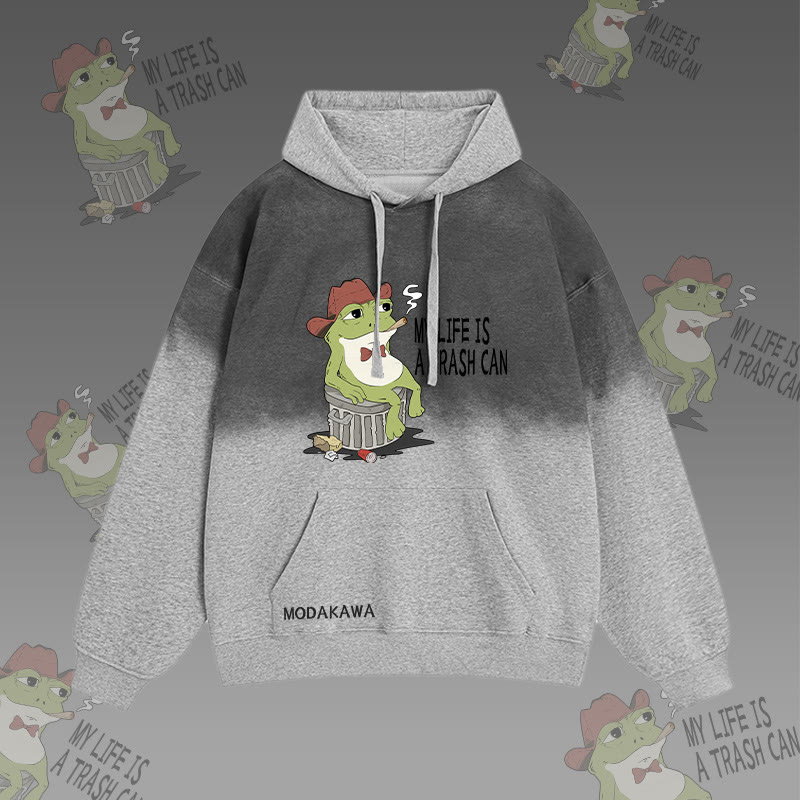 Mein Leben ist ein Mülleimer – Streetwear-Hoodie mit Raucherfrosch-Grafik und Farbverlauf - Grey - 2XL - image 2