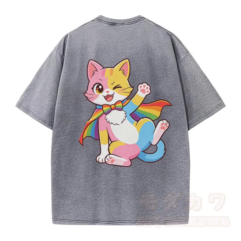 Niedliches Modakawa Vintage-T-Shirt mit Regenbogenkatzen-Motiv aus 100 % Baumwolle (gewaschen). - image 4