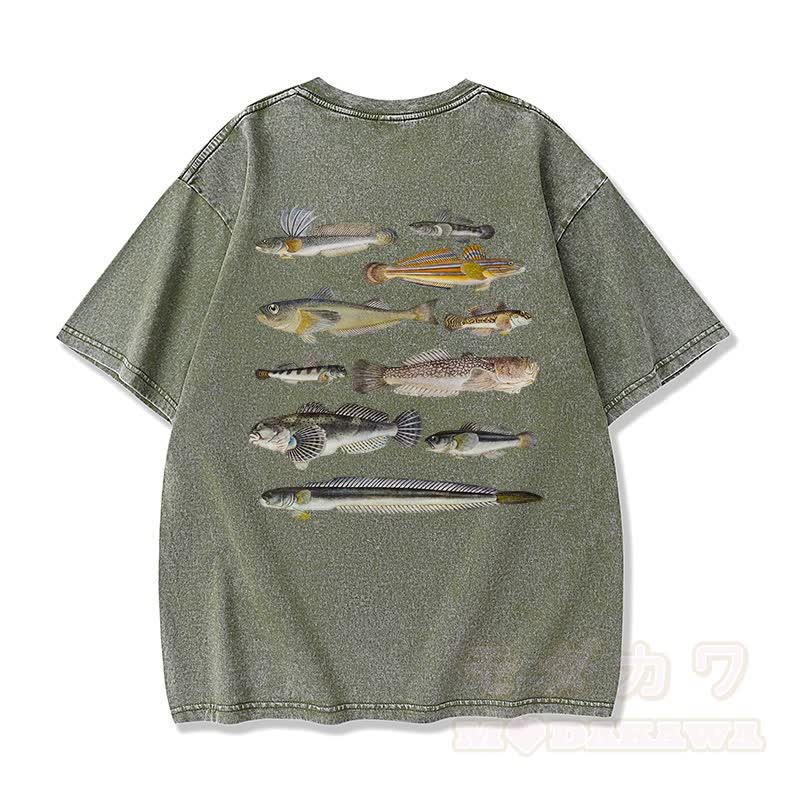 Modakawa Marine Fish Print Washed Loose Oversized Kurzarm-T-Shirt - Grün - 3XL - image 7