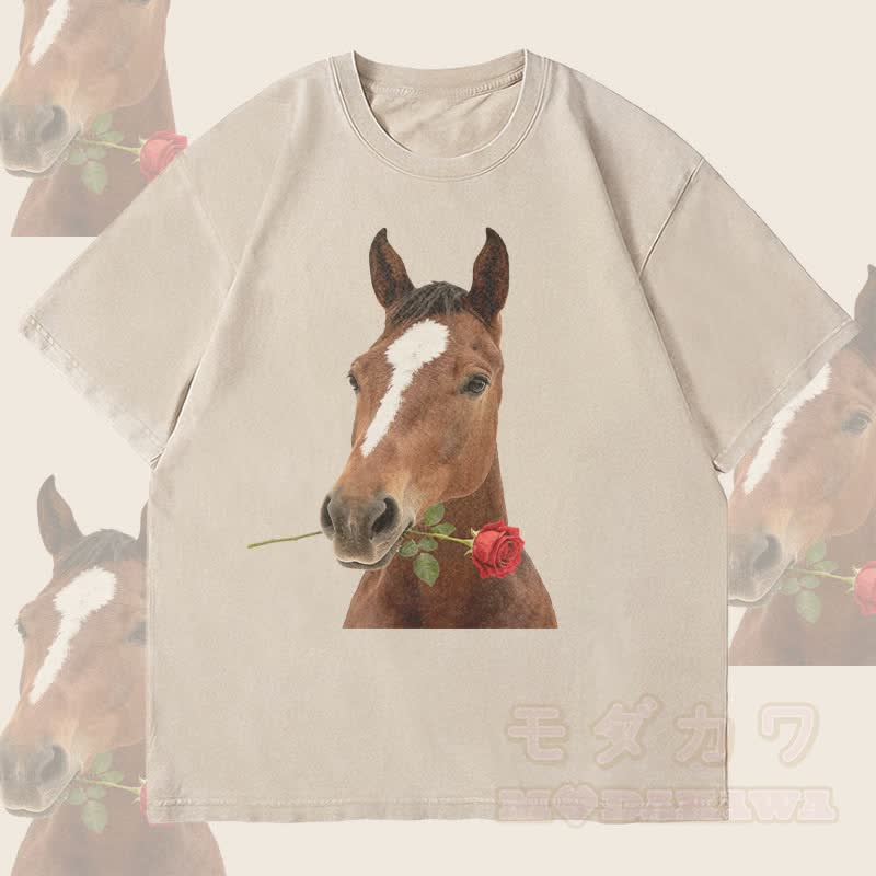 MODAKAWA Unisex-T-Shirt mit Pferde- und Rosenmotiv im Vintage-Stil - Beige - 4XL - image 3