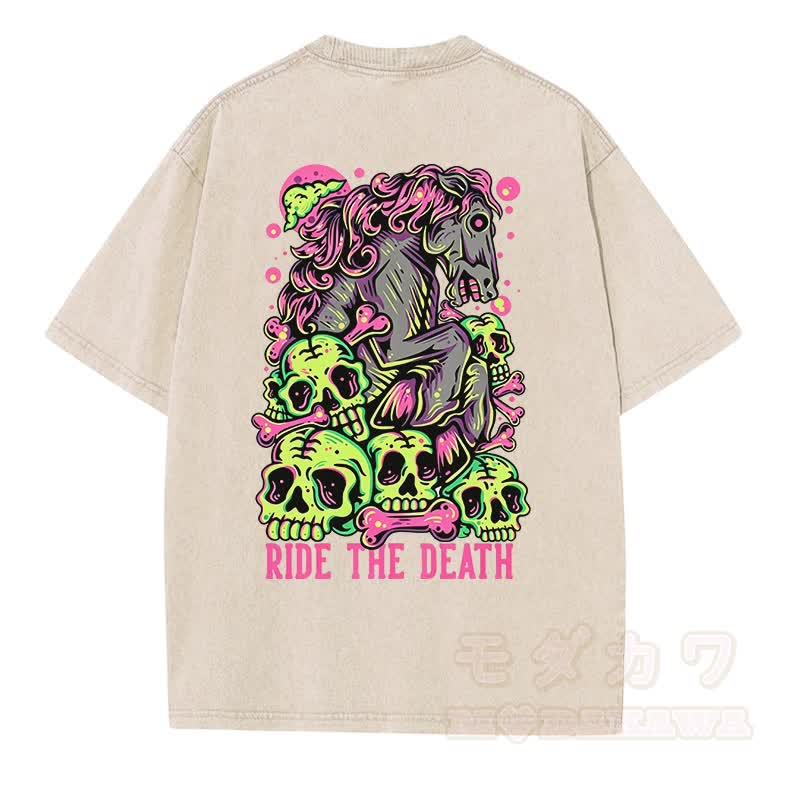 MODAKAWA RIDE THE DEATH Totenkopf-Grafik Vintage Washed T-Shirt - Cremefarben - 5XL - image 5