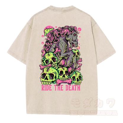 MODAKAWA RIDE THE DEATH Totenkopf-Grafik Vintage Washed T-Shirt - Cremefarben - 5XL - image 5