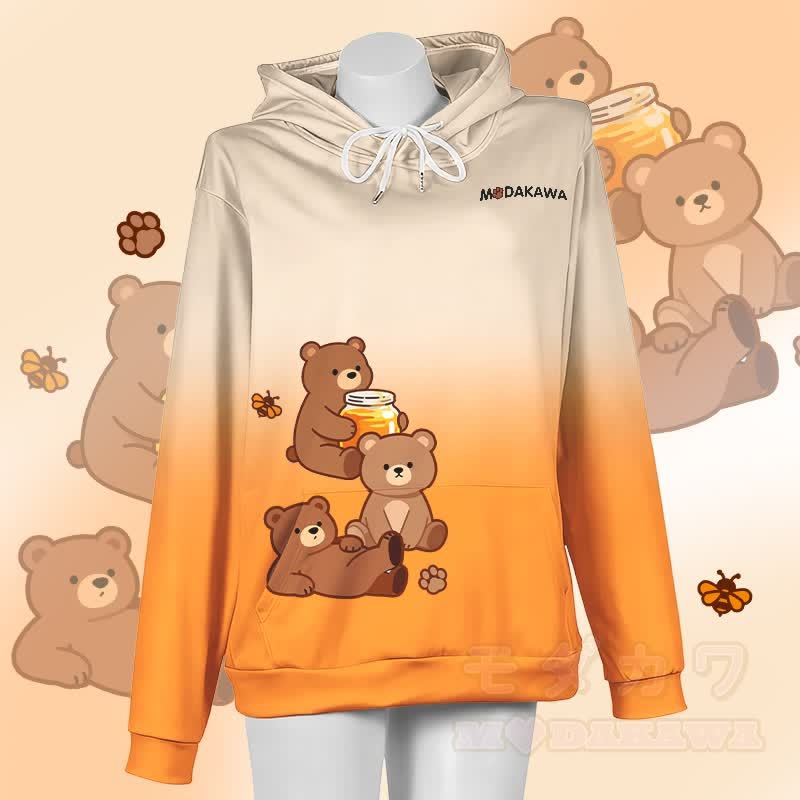 MODAKAWA Farbverlauf-Honigbär-Grafik-Pullover-Hoodie - Weiß & Orange - 5XL - image 4