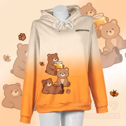 MODAKAWA Farbverlauf-Honigbär-Grafik-Pullover-Hoodie - Weiß & Orange - 5XL - image 4