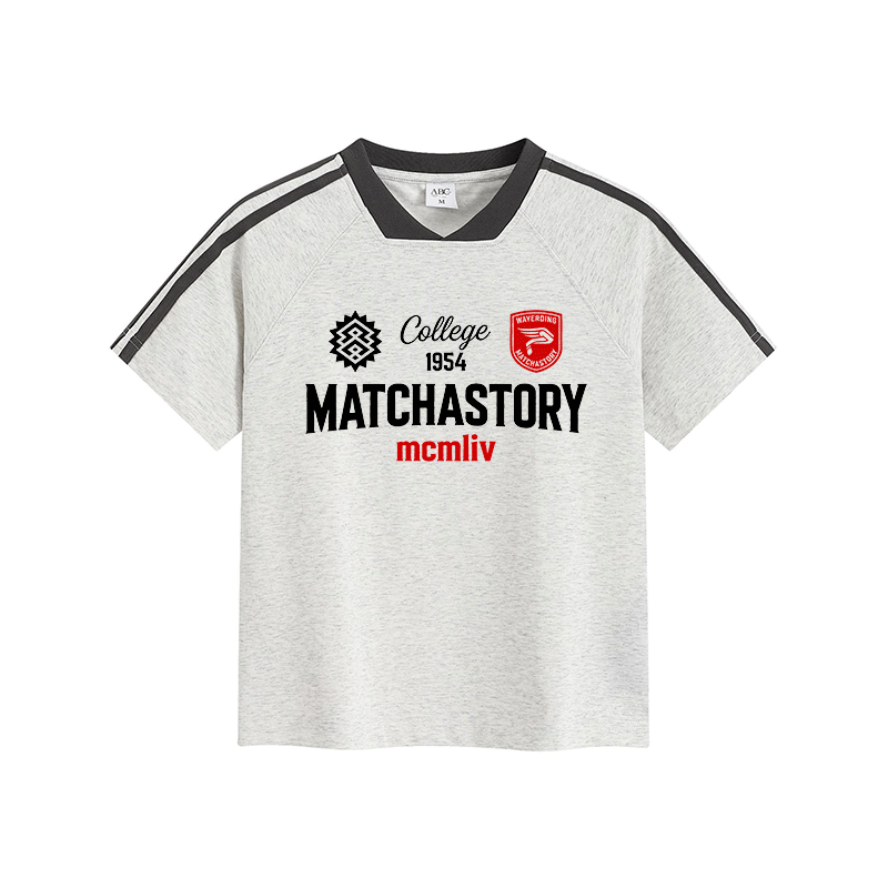 MATCHASTORY Graphic Modakawa Vintage Stripe V-Neck T-Shirt - Light Gray - L - image 6