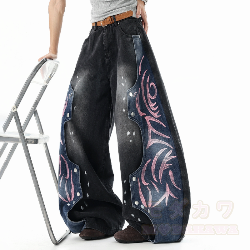 Vintage-Graphic-Spleiß-Unisex-Streetwear-Schlaghose aus Denim, locker geschnitten - image 5