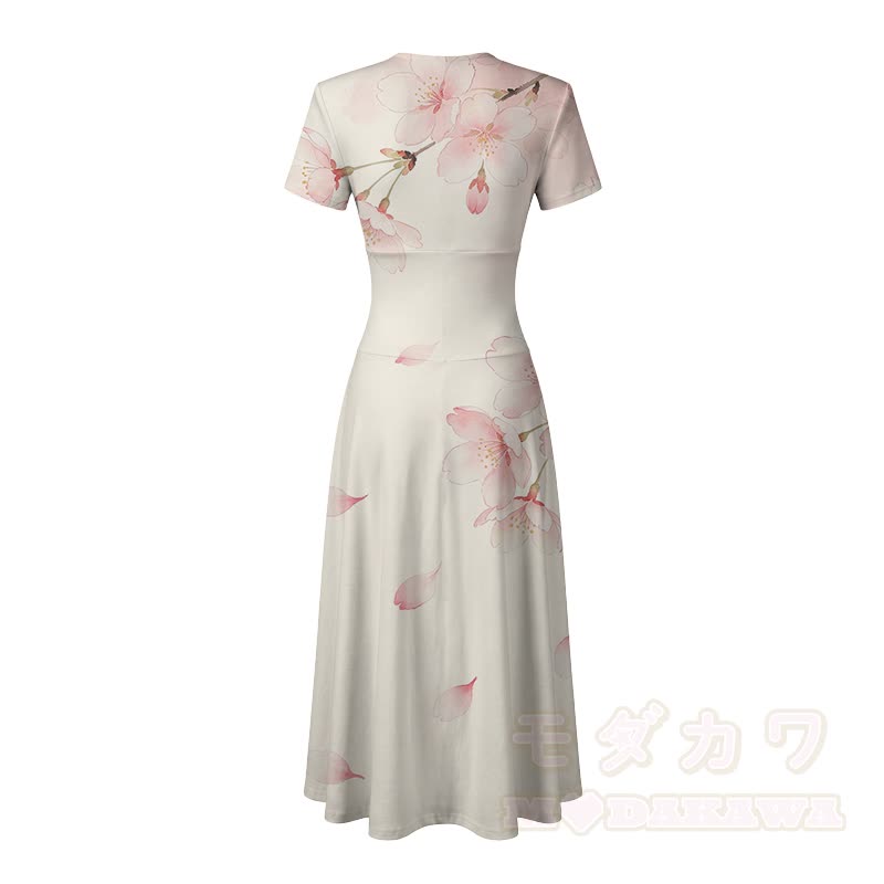 Modakawa Maxikleid mit weichem Sakura-Blumenmuster und V-Ausschnitt - image 4