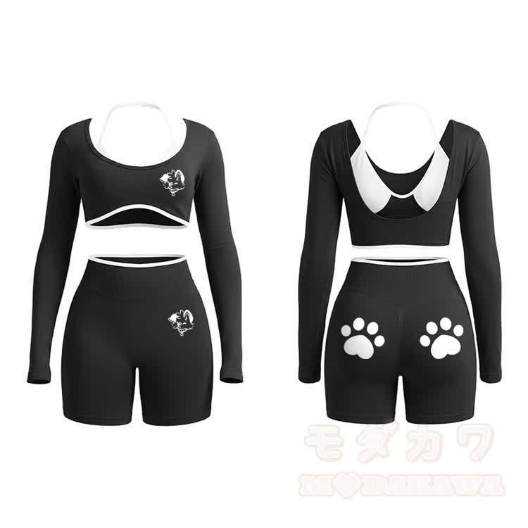 MODAKAWA X popipeko Puppy Graphic Tight Long Sleeve Yoga Top & Shorts Set - Black - XL - image 11